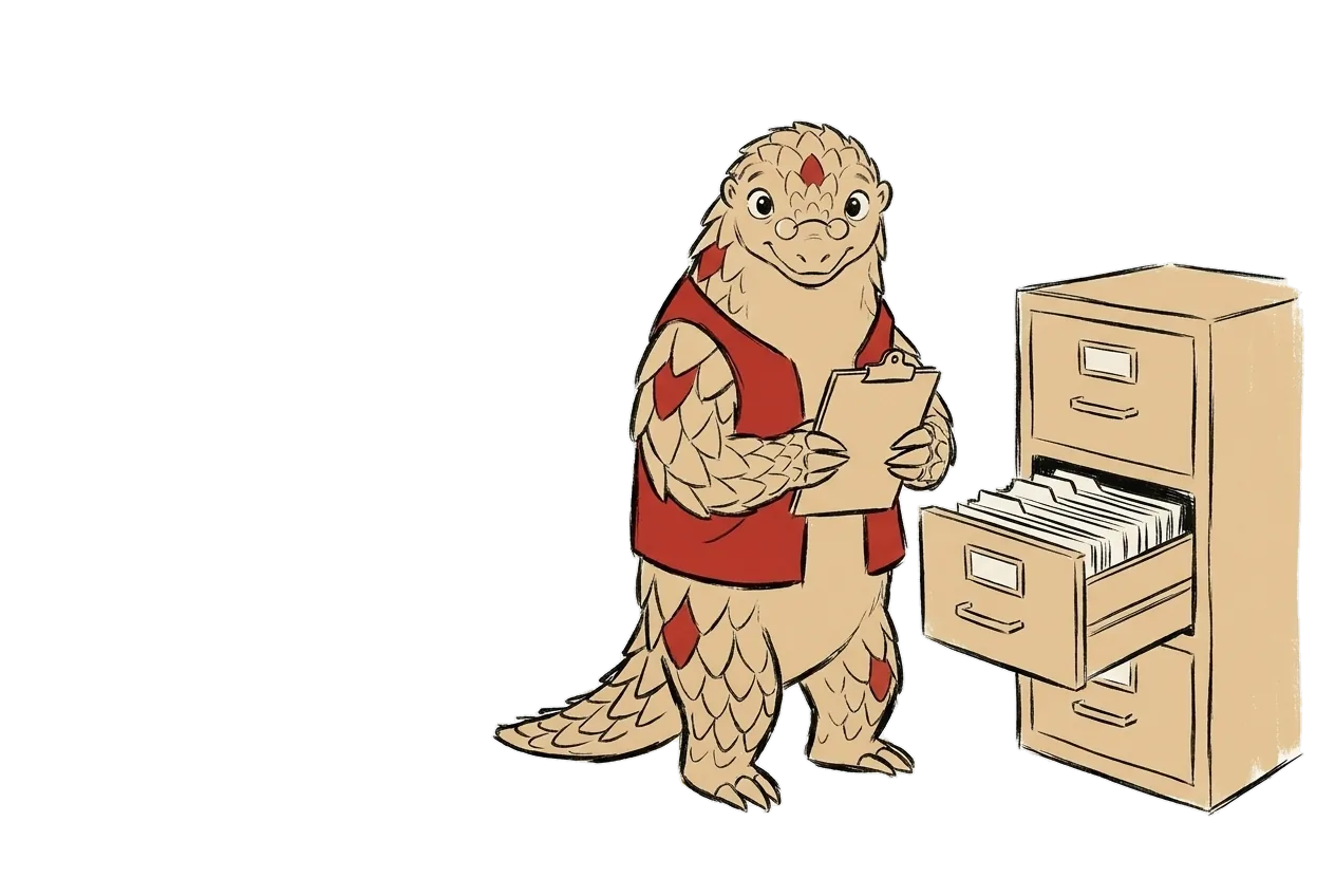 Kavach the pangolin stands next to an open filing cabinet full of records. It holds a clipboard and smiles at you.