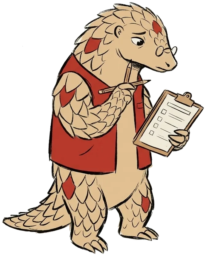 Kavach reads a questionnaire on a clipboard and thinks.