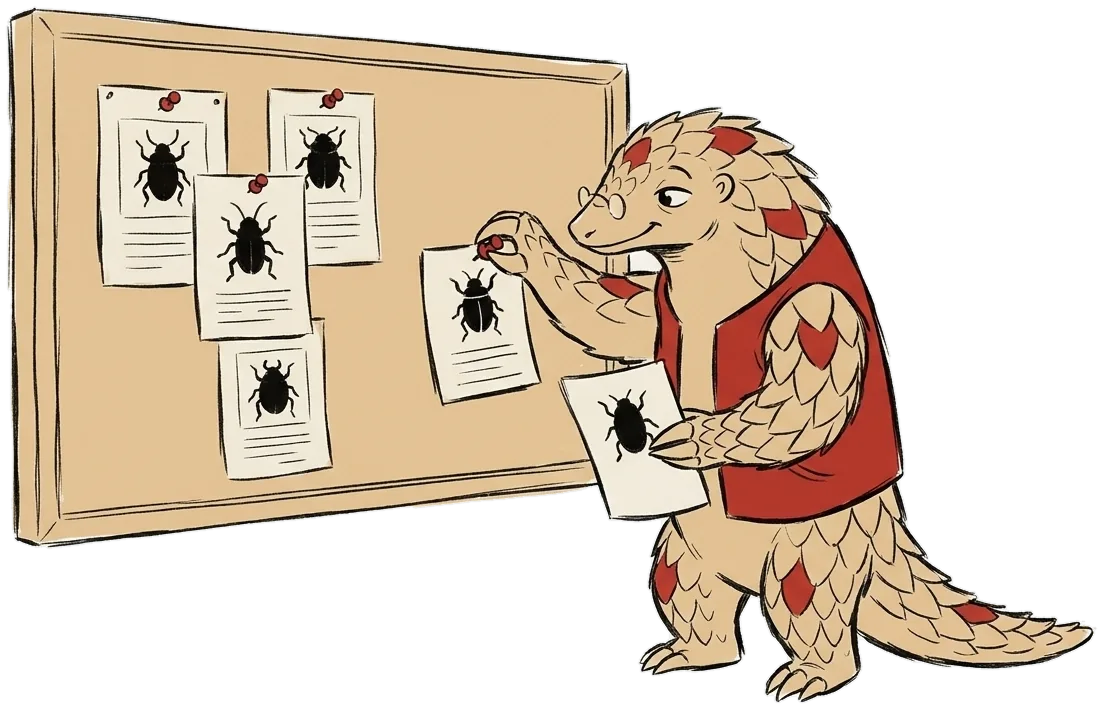 Kavach pins small posters with bug pictures on a board.