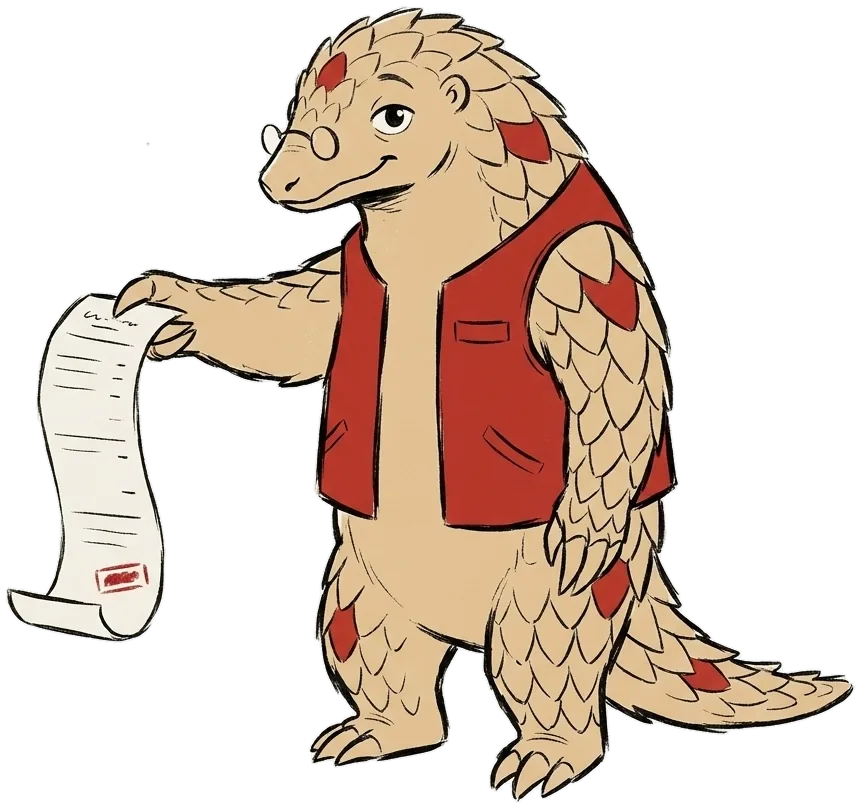 Kavach holds out a long paper receipt toward you with one paw and nods politely.