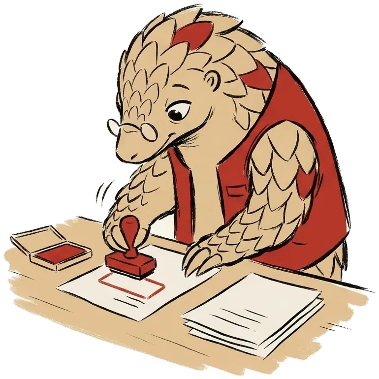 Kavach presses a red stamp onto a sheet of paper on a low table.
