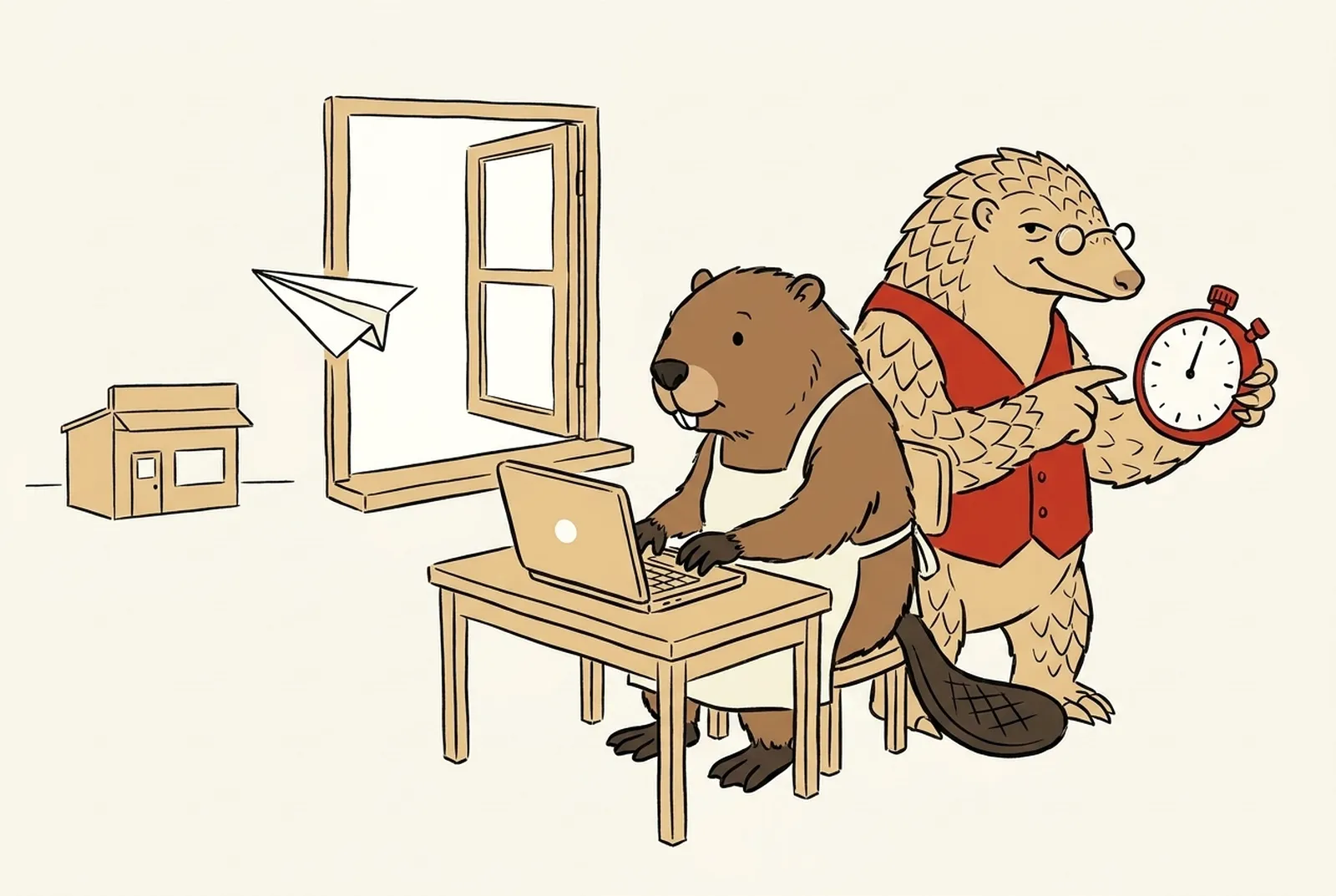 Bina types on a small laptop while a paper airplane flies out of the window toward a small post office. Kavach points at the stopwatch.