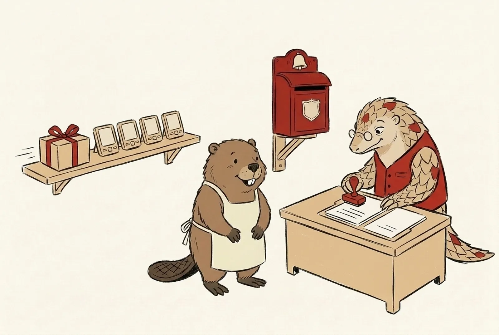 A box with a red ribbon slides toward a row of small devices. Kavach presses a red stamp onto a thick folder while Bina smiles.