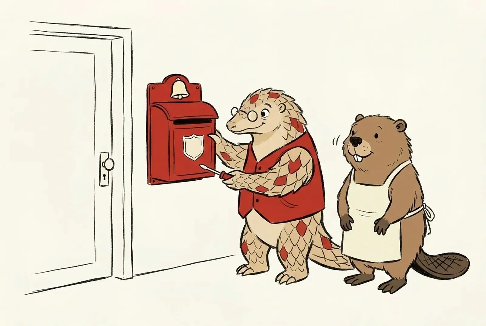 Kavach mounts a bright red mailbox with a small bell and a shield shape on the wall. Bina watches and nods.