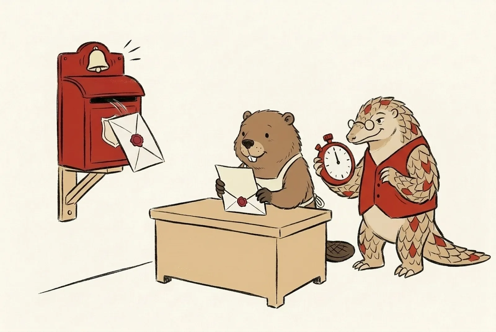 A new red-sealed letter drops into the red mailbox and the bell rings. Bina opens it at once at a clear desk while Kavach holds up a red stopwatch.
