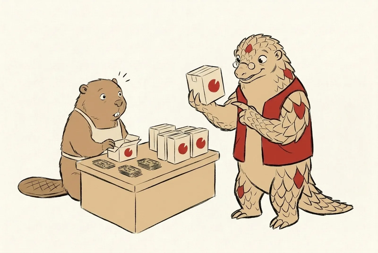 Kavach the pangolin holds up one box and points at the red mark on it. The beaver looks at the mark, surprised.