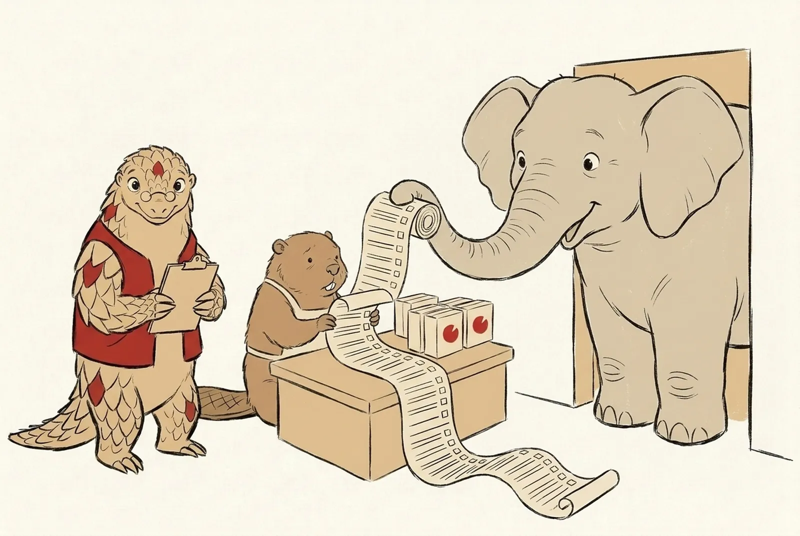 A large friendly elephant leans through a doorway and hands down a very long paper questionnaire. It unrolls across the beaver's desk. Kavach stands next to the beaver.