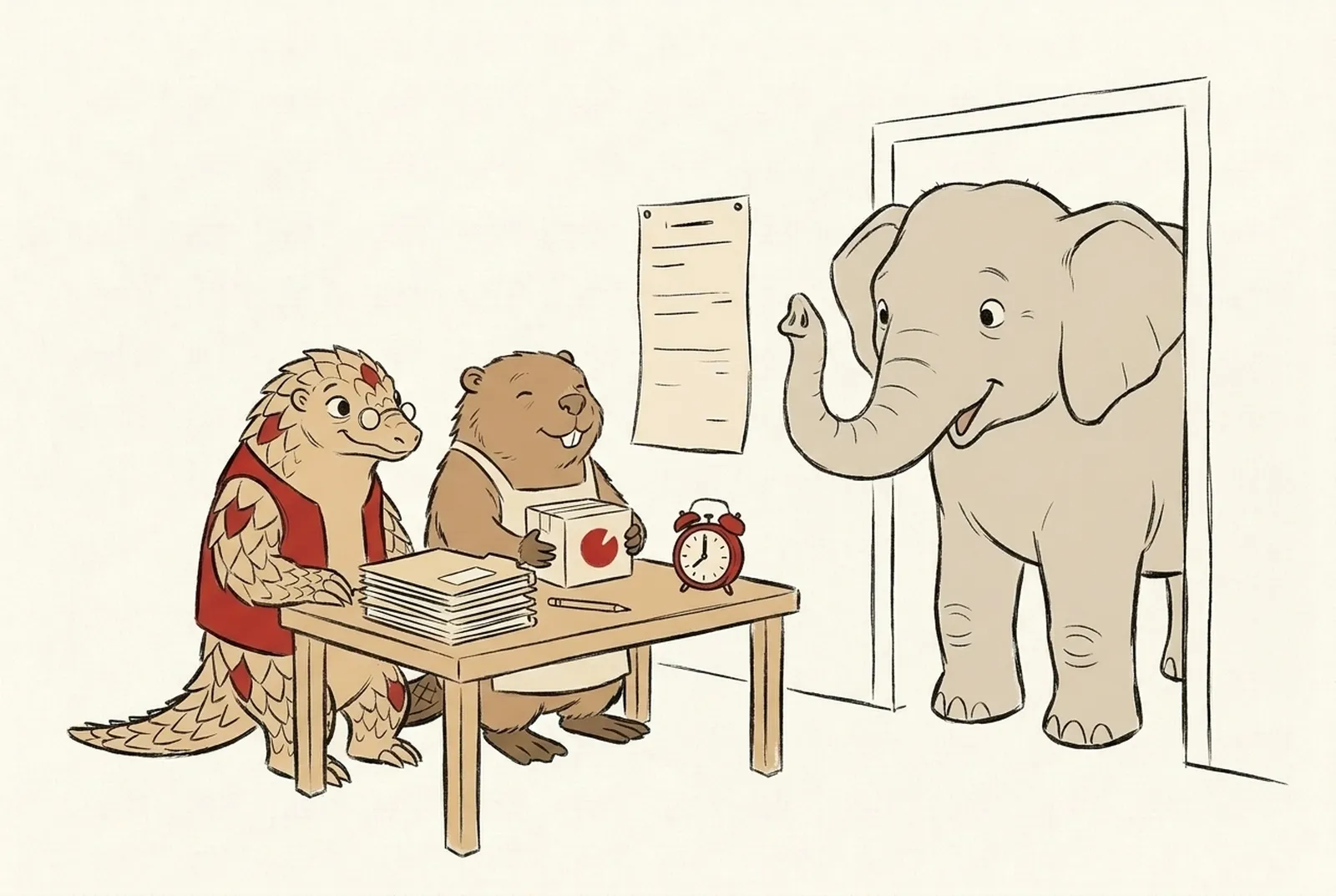 Kavach and the beaver sit calmly at a tidy desk with stacked folders, a long list pinned up and a small red alarm clock. The elephant raises its trunk in the doorway.